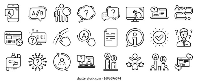 Set of AB testing, Journey path map and Question mark icons. UX line icons. Usability quiz test, Ux Ui and User flow. Project process, ab testing graph, survey test results. Quiz question. Vector