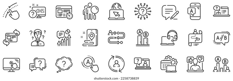 Set of AB testing, Journey path map and Question mark icons. UX line icons. Usability quiz test, Ux Ui and User flow. Project process, ab testing graph, survey test results. Quiz question. Vector