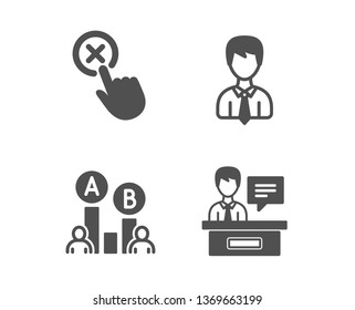 Set of Ab testing, Reject click and Businessman icons. Exhibitors sign. Test chart, Delete button, User data. Information desk.  Classic design ab testing icon. Flat design. Vector
