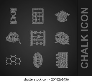 Set Abacus, American Football ball, Spiral notebook, Alphabet, Chemical formula, Idea, speech bubble, Graduation cap and Old hourglass with sand icon. Vector