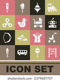 Set Abacus, Baby stroller, Robot toy, Whirligig, Rubber duck, Fidget spinner, Marker pen and  icon. Vector