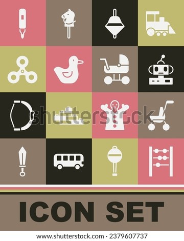 Set Abacus, Baby stroller, Robot toy, Whirligig, Rubber duck, Fidget spinner, Marker pen and  icon. Vector