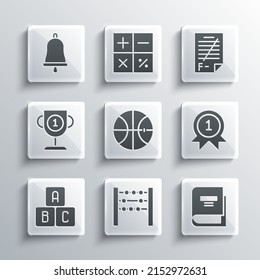 Set Abacus, Book, Medal, Basketball ball, ABC blocks, Award cup, Ringing bell and Exam paper with incorrect answers icon. Vector - Powered by Shutterstock - Get 15% off with code: PIKWIZARD15