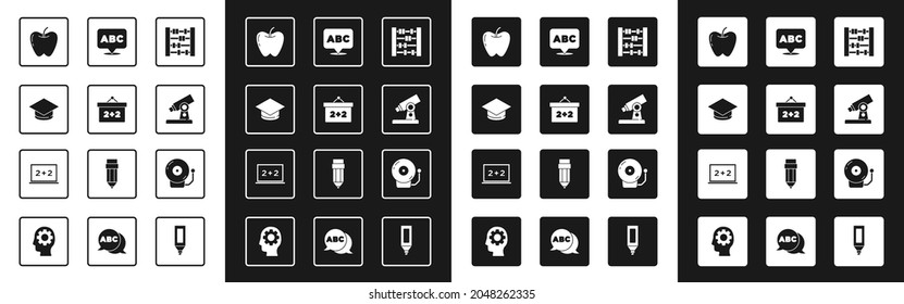 Set Abacus, Chalkboard, Graduation cap, Apple, Microscope, Alphabet, Ringing alarm bell and  icon. Vector