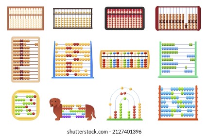 Set von abacus andere Form und Farbe Vektorgrafik flach. Mathematik oder Arithmetik erziehende uralte Ausrüstung für das Zählen isoliert. Childischer Retro-Taschenrechner, Mathematikkollektion