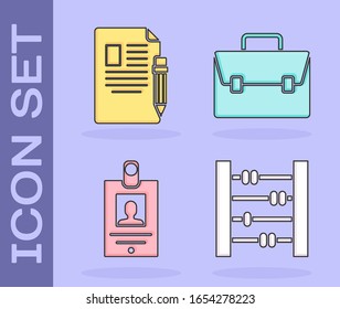 Set Abacus, Exam sheet and pencil with eraser, Identification badge and Briefcase icon. Vector