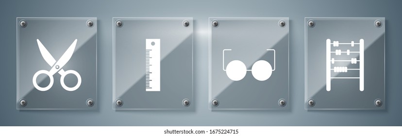 Set Abacus, Glasses, Ruler and Scissors. Square glass panels. Vector