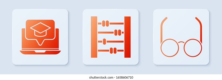 Set Abacus, Graduation cap on screen laptop and Glasses. White square button. Vector
