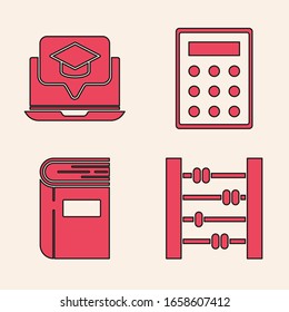 Set Abacus, Graduation cap on screen laptop, Calculator and Book icon. Vector