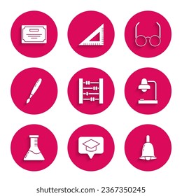 Set Abacus, Graduation cap in speech bubble, Ringing bell, Table lamp, Test tube and flask chemical laboratory, Paint brush, Glasses and Certificate template icon. Vector