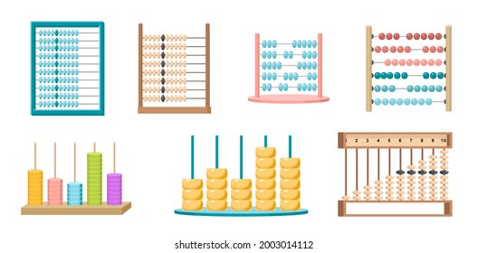 Set of Abacus, Mathematics Kids Learning, Math Calculator Educational Equipment Isolated Design Elements on White Background. Colorful Toys for Child Mind Development. Cartoon Vector Illustration