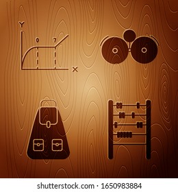 Set Abacus, Pie chart infographic, School backpack and Ringing alarm bell on wooden background. Vector