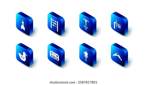 Set Abacus, Pogo stick jumping toy, Basketball backboard, Boomerang, Toy horse, piano, Rubber duck and Dart arrow icon. Vector