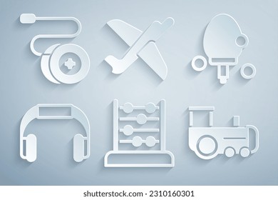 Set Abacus, Racket, Headphones, Toy train, plane and Yoyo toy icon. Vector