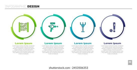 Set Abacus, Ray gun, Rake toy and Baseball bat with ball. Business infographic template. Vector