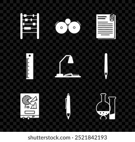 Conjunto de Ábaco, timbre de alarma, documento de archivo y Clip de papel, Tablero con gráfico, pluma, prueba de laboratorio químico de frasco de tubo de ensayo, Regla y lugar de trabajo lámpara de mesa icono de libro abierto. Vector