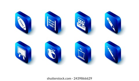 Conjunto Abacus, edificio de la escuela, lápiz con borrador, soporte de escenario, Apple, pizarra y el icono de la pelota de fútbol americano. Vector