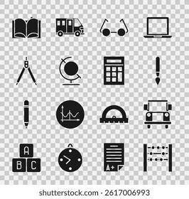 Set Abacus, School Bus, Paint brush, Glasses, Earth globe, Drawing compass, Open book and Calculator icon. Vector