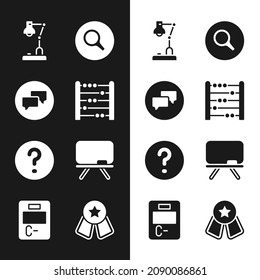 Set Abacus, Speech bubble chat, Table lamp, Magnifying glass, bubbles with Question, Chalkboard, Medal star and Exam paper incorrect answers icon. Vector