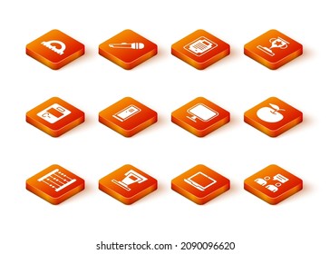 Set Abacus, Stage stand, Exam paper with incorrect answers, Locker changing room, Laptop, Computer monitor, Two sitting men talking and Apple icon. Vector