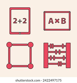 Establezca Abacus, Tablet con calculadora, Cartón y Figura geométrica icono Cuadrado. Vector