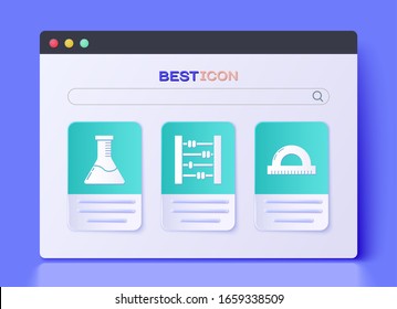 Set Abacus, Test tube and flask chemical laboratory and Protractor grid for measuring degrees icon. Vector