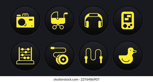 Set Abacus, Tetris electronic game, Yoyo toy, Jump rope, Headphones, Baby stroller, Rubber duck and Photo camera icon. Vector