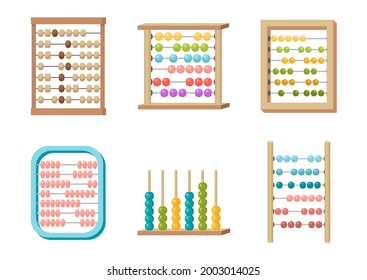 Set of Abacus, Toy with Colorful Beads for Kids Mind Development. Mathematics Calculator, Math Learning, Educational Equipment Design Elements Isolated on White Background. Cartoon Vector Illustration