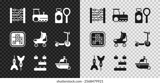 Set Abacus, Toy train, Soap bubbles bottle, Dart arrow, building block bricks, boat, Tic tac toe game and Roller skate icon. Vector