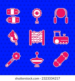 Set Abacus, Whirligig toy, Skateboard, Toy train, Magic wand, horse, Jump rope and Battery icon. Vector