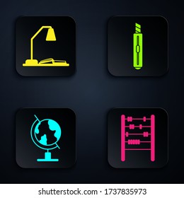 Set Abacus, Workplace with table lamp and open book, Earth globe and Stationery knife. Black square button. Vector