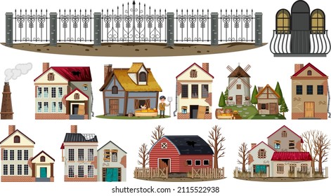 Set of abandoned houses and buildings illustration