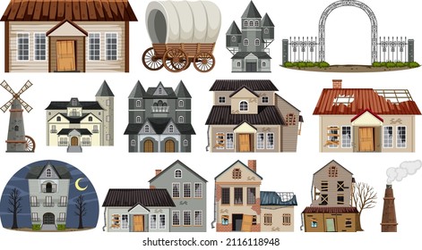 Set of abandoned houses and buildings illustration