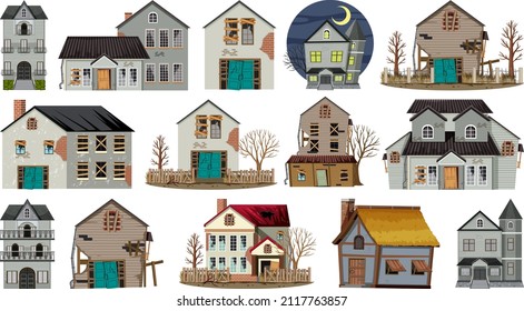 Set of abandoned houses and buildings illustration