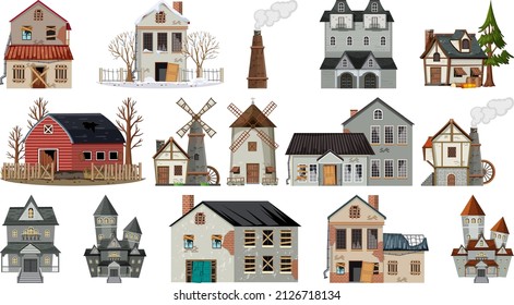 Set of abandoned houses and buildings illustration