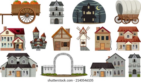 Set of abandoned houses and buildings illustration