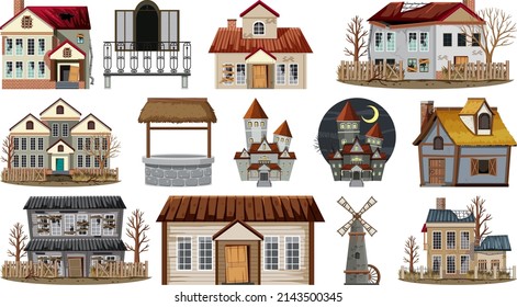 Set of abandoned houses and buildings illustration