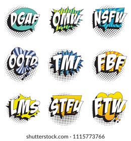 set of abbreviations in retro comic speech bubble with halftone dotted shadow