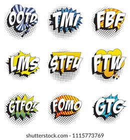 set of abbreviations in retro comic speech bubble with halftone dotted shadow