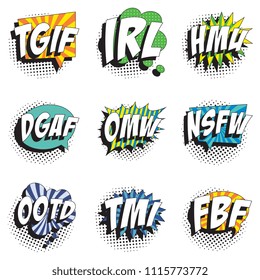 set of abbreviations in retro comic speech bubble with halftone dotted shadow