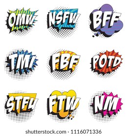 set of abbreviations in retro comic speech bubble with halftone dotted shadow