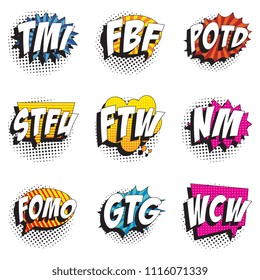 set of abbreviations in retro comic speech bubble with halftone dotted shadow