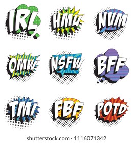 set of abbreviations in retro comic speech bubble with halftone dotted shadow