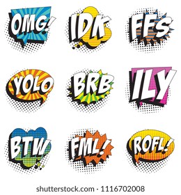 set of abbreviations in retro comic speech bubble with halftone dotted shadow