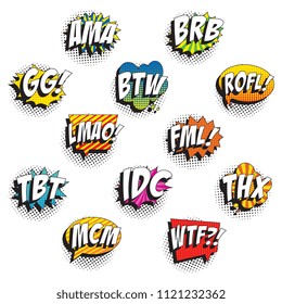 set of abbreviations in retro comic speech bubble with halftone dotted shadow