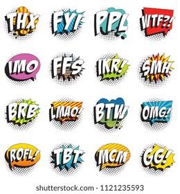 set of abbreviations in retro comic speech bubble with halftone dotted shadow