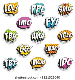 set of abbreviations in retro comic speech bubble with halftone dotted shadow