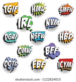 set of abbreviations in retro comic speech bubble with halftone dotted shadow