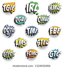 set of abbreviations in retro comic speech bubble with halftone dotted shadow