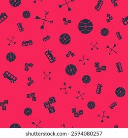 Set ABC blocks, Arrow with sucker tip, Bus toy and Basketball ball on seamless pattern. Vector